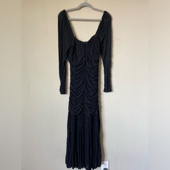 Ganni Midi Black Dress Ruched Stretch-Cloqué Size 10 - Picture 13 of 17